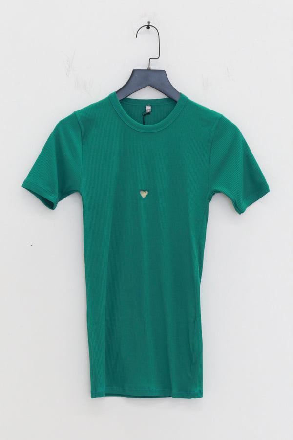 BASERANGE 2025 Pre-Spring Collection: French Organic Cotton T-Shirt with Cut-Out Heart Design, Short Sleeves, MIRA GREEN (TOHS) (BAS-TTHTS-CR-AU25)
